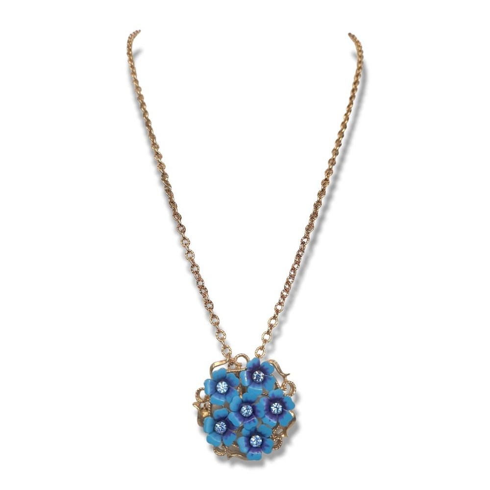 Vintage Blue Flower Faux Diamond Floral Pendant Brooch Combo Woman's